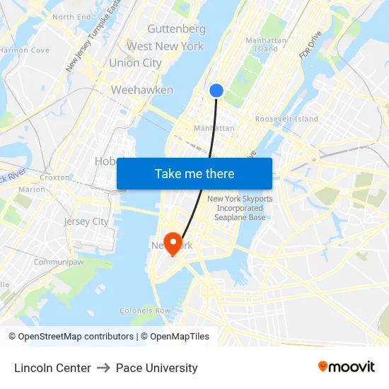 Lincoln Center to Pace University map