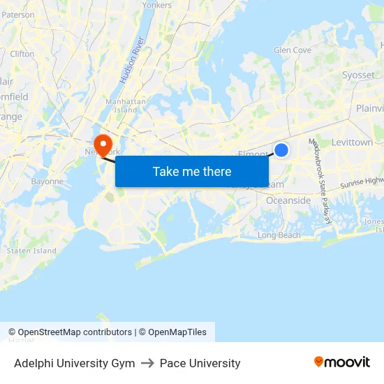 Adelphi University Gym to Pace University map