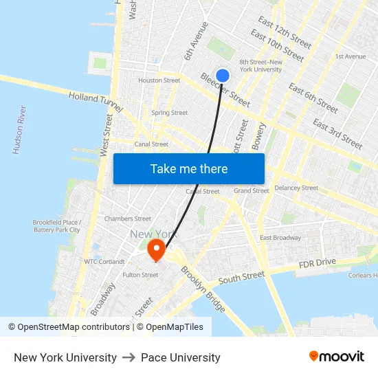 New York University to Pace University map