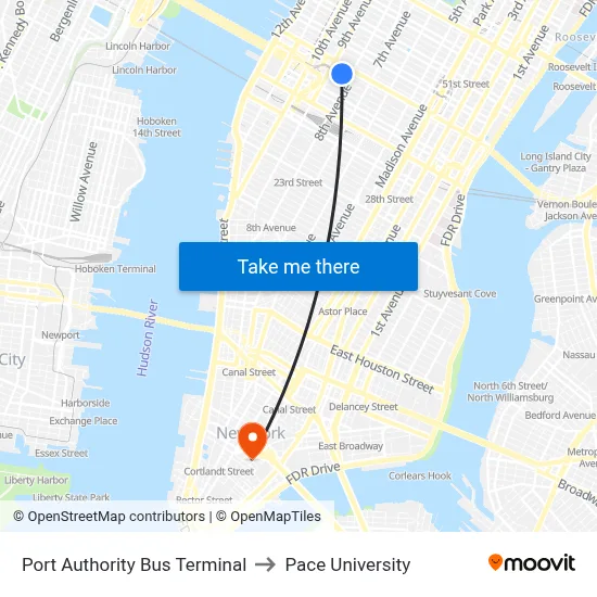 Port Authority Bus Terminal to Pace University map