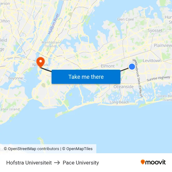 Hofstra Universiteit to Pace University map