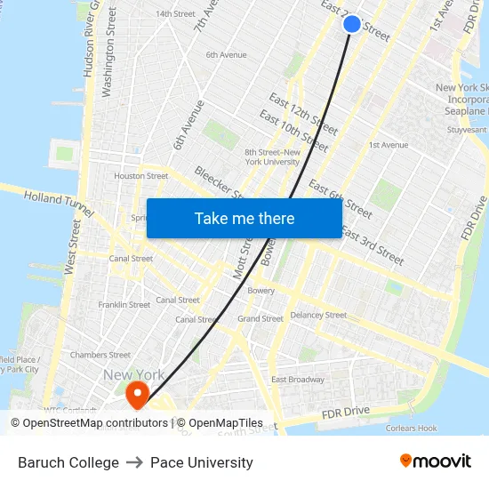 Baruch College to Pace University map