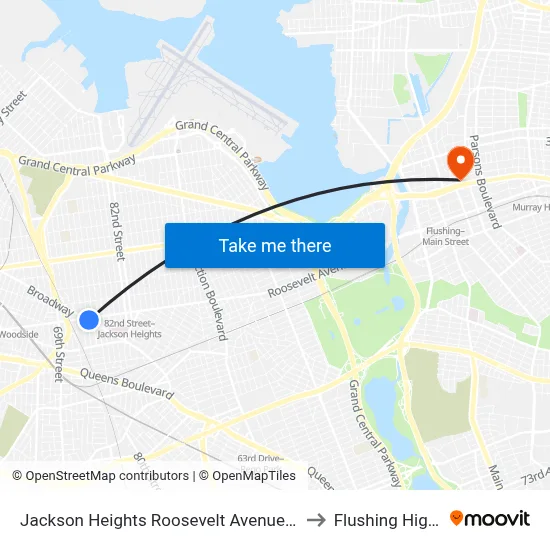 Jackson Heights Roosevelt Avenue 74th Street Station to Flushing High School map