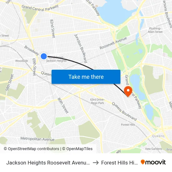Jackson Heights Roosevelt Avenue 74th Street Station to Forest Hills High School map