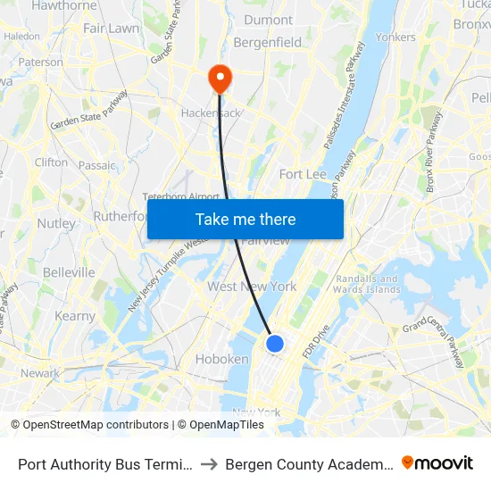 Port Authority Bus Terminal to Bergen County Academies map