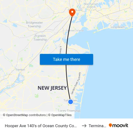 Hooper Ave 140's of Ocean County Complex to Terminal B map