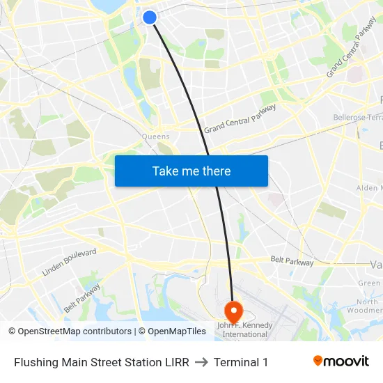 Flushing Main Street Station LIRR to Terminal 1 map