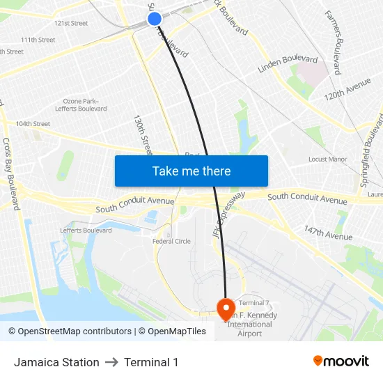Jamaica Station to Terminal 1 map