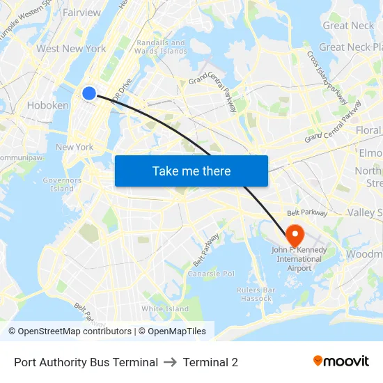 Port Authority Bus Terminal to Terminal 2 map