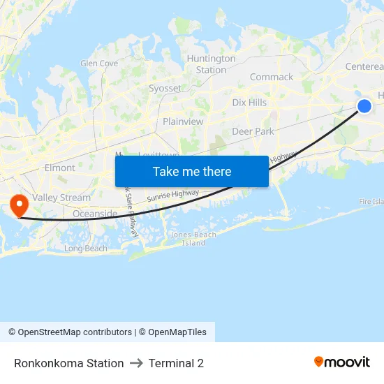 Ronkonkoma Station to Terminal 2 map