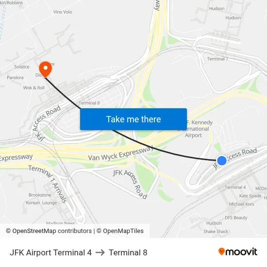 JFK Airport Terminal 4 to Terminal 8 map