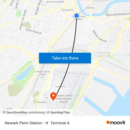 Newark Penn Station to Terminal A map