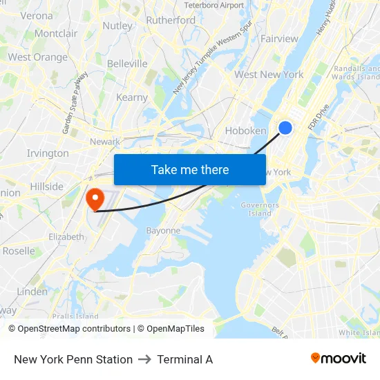 New York Penn Station to Terminal A map
