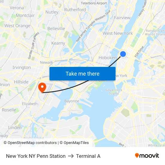 New York NY Penn Station to Terminal A map