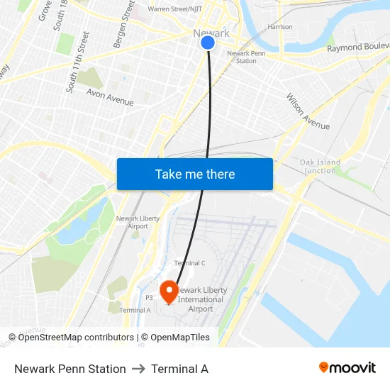 Newark Penn Station to Terminal A map