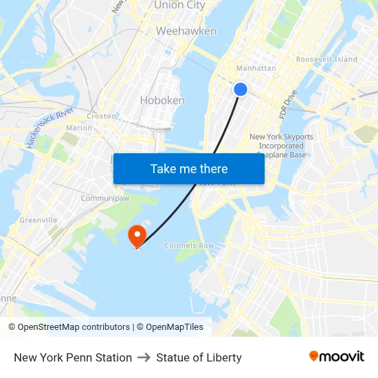 New York Penn Station to Statue of Liberty map