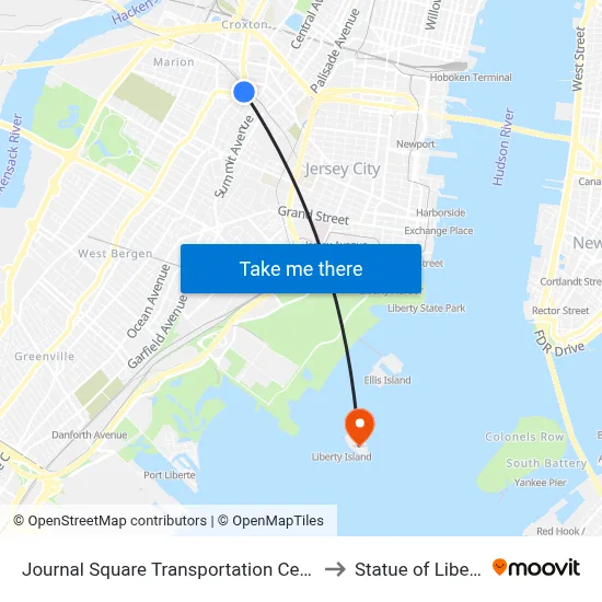 Journal Square Transportation Center to Statue of Liberty map