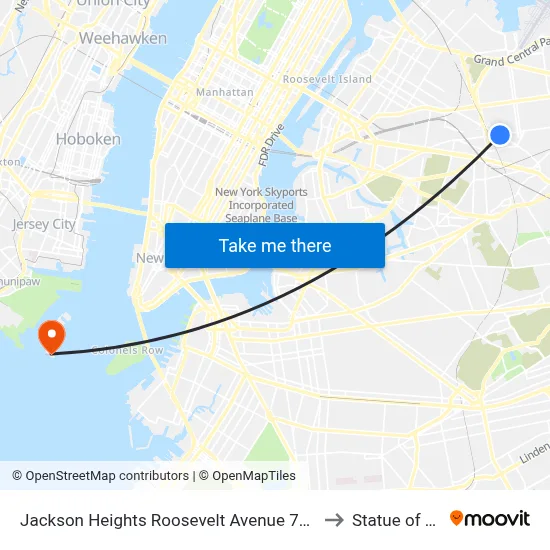 Jackson Heights Roosevelt Avenue 74th Street Station to Statue of Liberty map