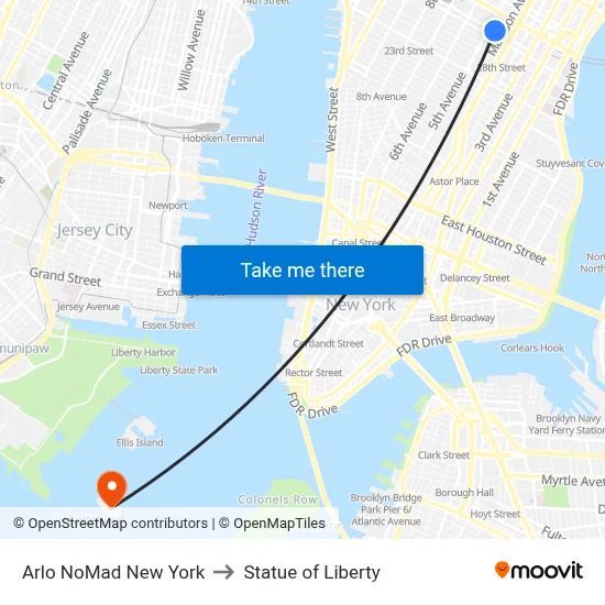 Arlo NoMad New York to Statue of Liberty map
