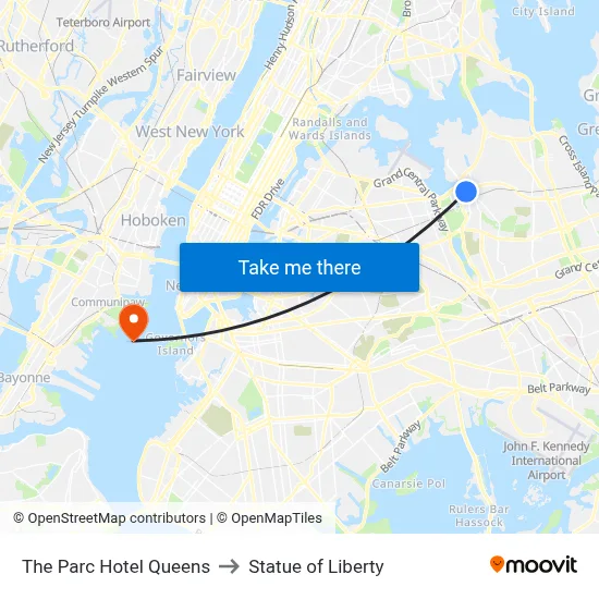 The Parc Hotel Queens to Statue of Liberty map
