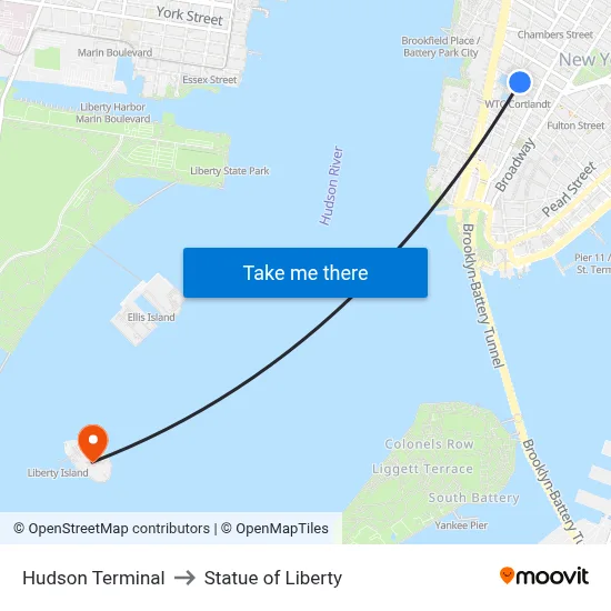 Hudson Terminal to Statue of Liberty map