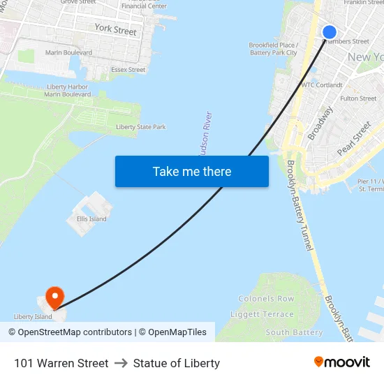 101 Warren Street to Statue of Liberty map