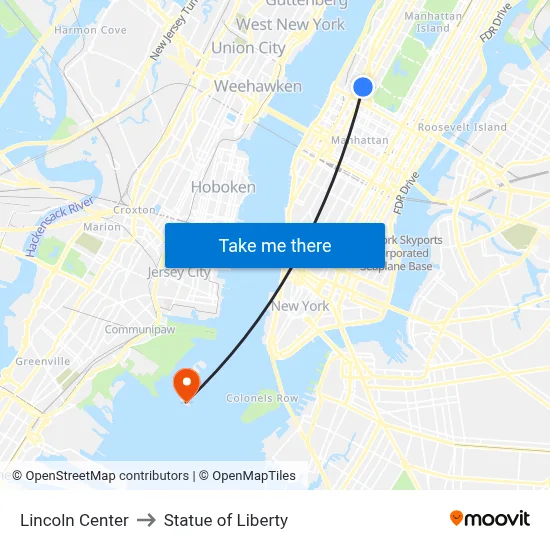 Lincoln Center to Statue of Liberty map