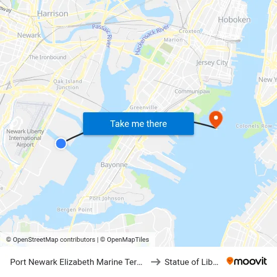 Port Newark Elizabeth Marine Terminal to Statue of Liberty map