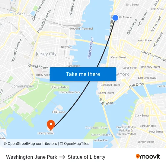 Washington Jane Park to Statue of Liberty map
