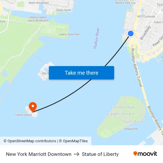 New York Marriott Downtown to Statue of Liberty map