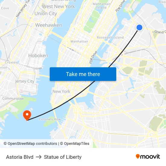 Astoria Blvd to Statue of Liberty map