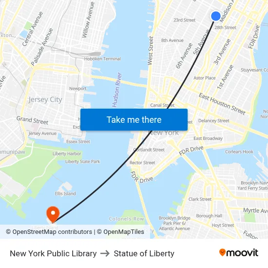 New York Public Library to Statue of Liberty map