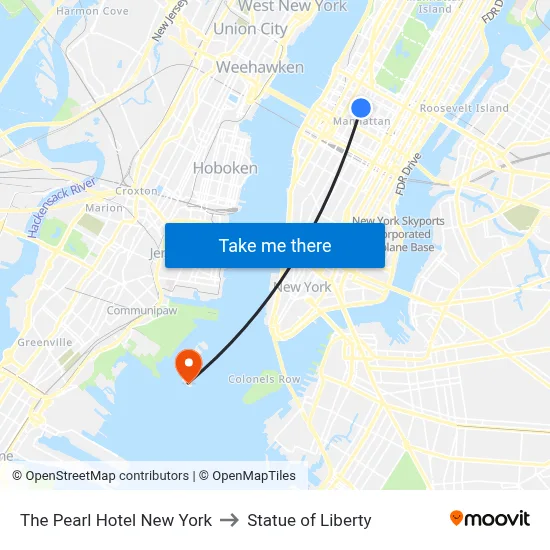 The Pearl Hotel New York to Statue of Liberty map