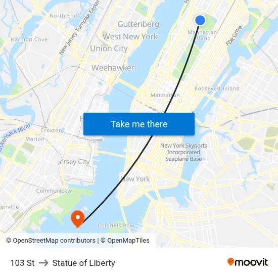 103 St to Statue of Liberty map