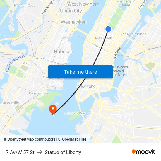 7 Av/W 57 St to Statue of Liberty map
