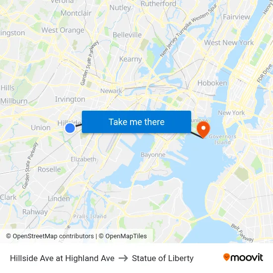 Hillside Ave at Highland Ave to Statue of Liberty map