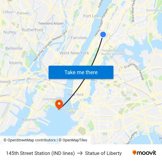 145th Street Station (IND lines) to Statue of Liberty map