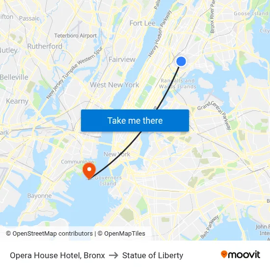 Opera House Hotel, Bronx to Statue of Liberty map