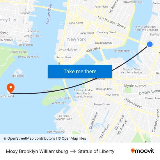 Moxy Brooklyn Williamsburg to Statue of Liberty map