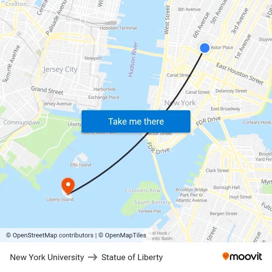 New York University to Statue of Liberty map