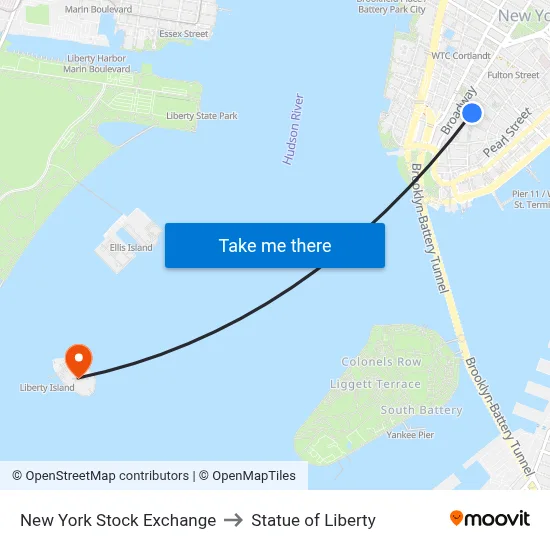 New York Stock Exchange to Statue of Liberty map