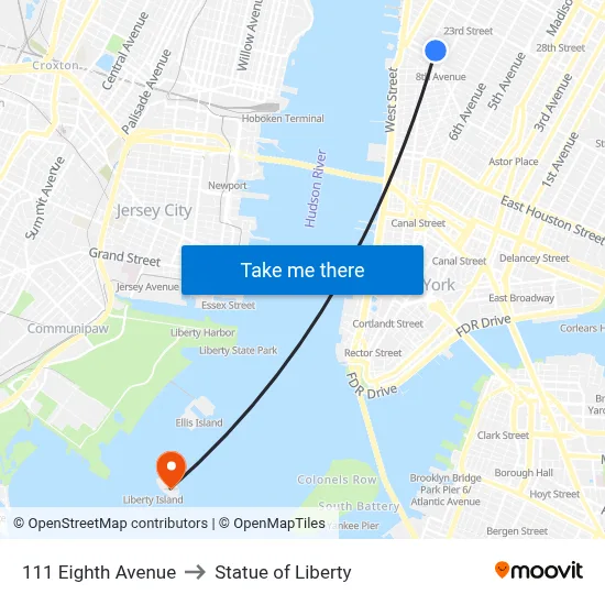 111 Eighth Avenue to Statue of Liberty map
