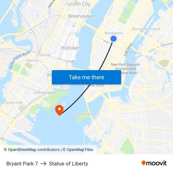 Bryant Park 7 to Statue of Liberty map