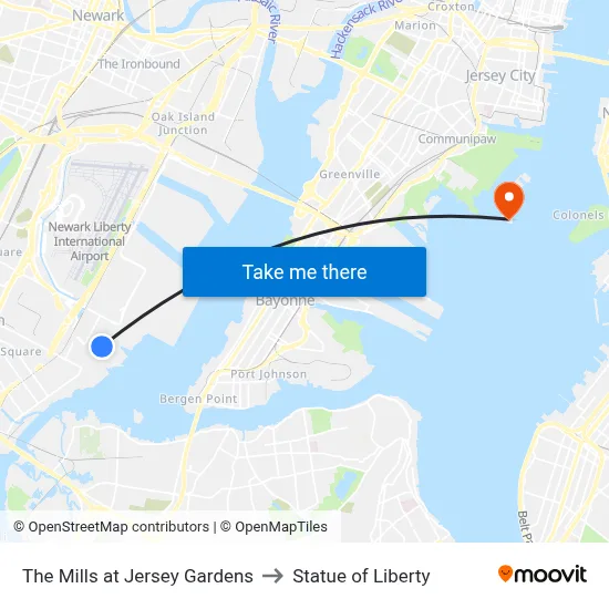 The Mills at Jersey Gardens to Statue of Liberty map
