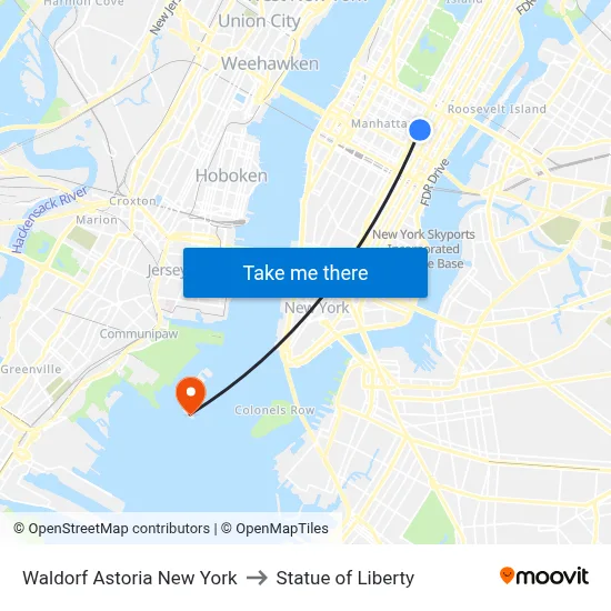 Waldorf Astoria New York to Statue of Liberty map