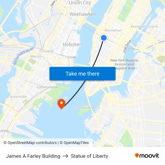 James A Farley Building to Statue of Liberty map