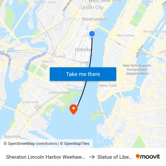 Sheraton Lincoln Harbor Weehawken to Statue of Liberty map