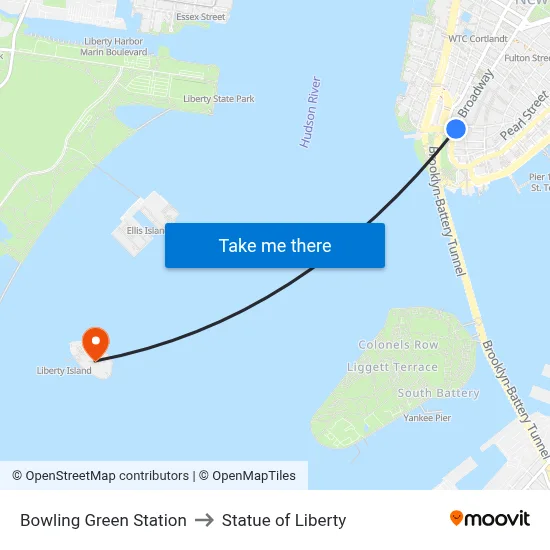 Bowling Green Station to Statue of Liberty map