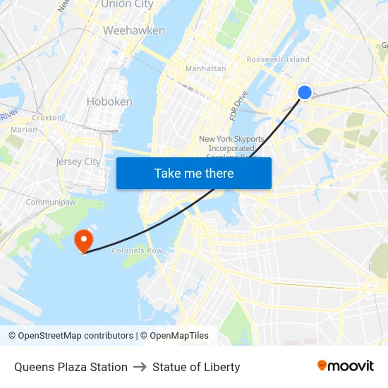 Queens Plaza Station to Statue of Liberty map