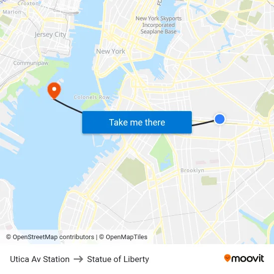 Utica Av Station to Statue of Liberty map